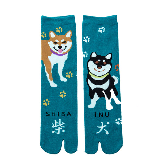 A pair of blue tabi socks with illustrations of Shiba Inu dogs in white and black color, and the words 'SHIBA' and 'INU' written in Japanese characters.