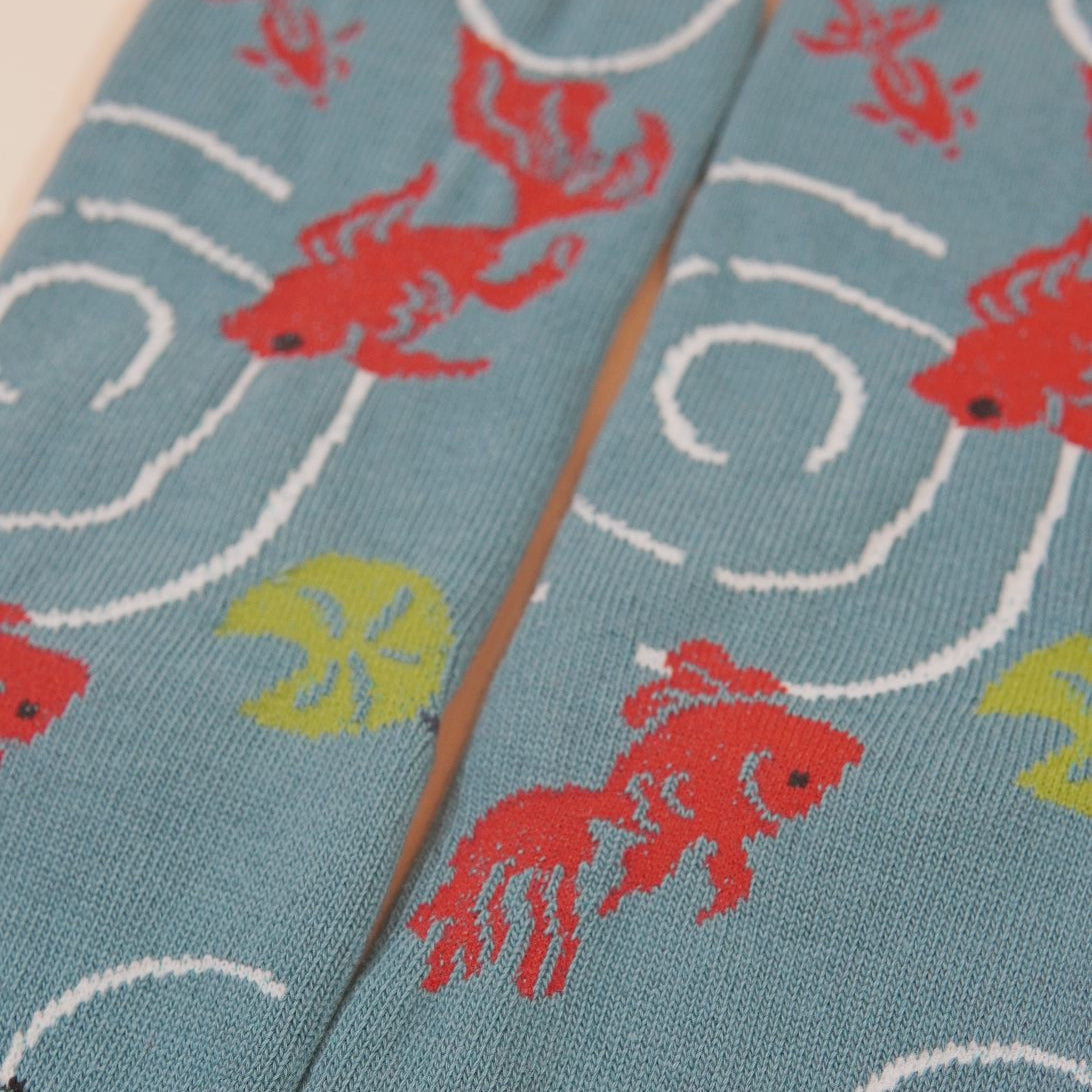 Socks with fish and plant pattern on a blue background